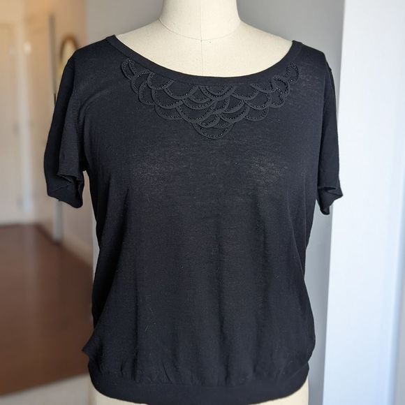Ann Taylor Sweaters - Black cotton silk knit lightweight sweater tshirt with beaded neckline L